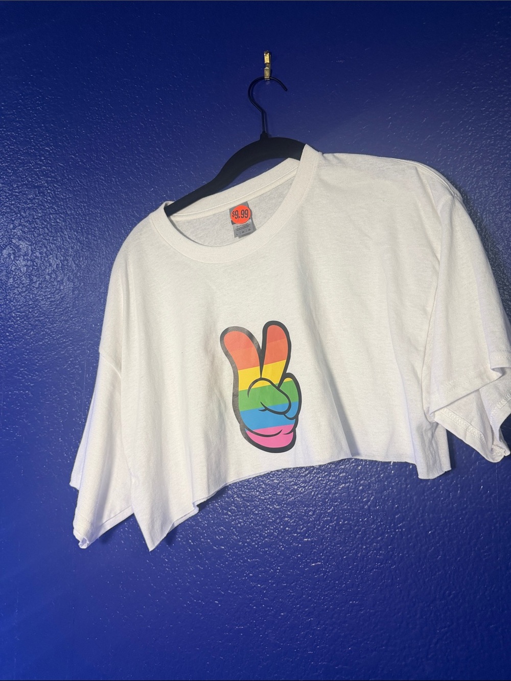 White Cropped Tee with Rainbow Peace Sign